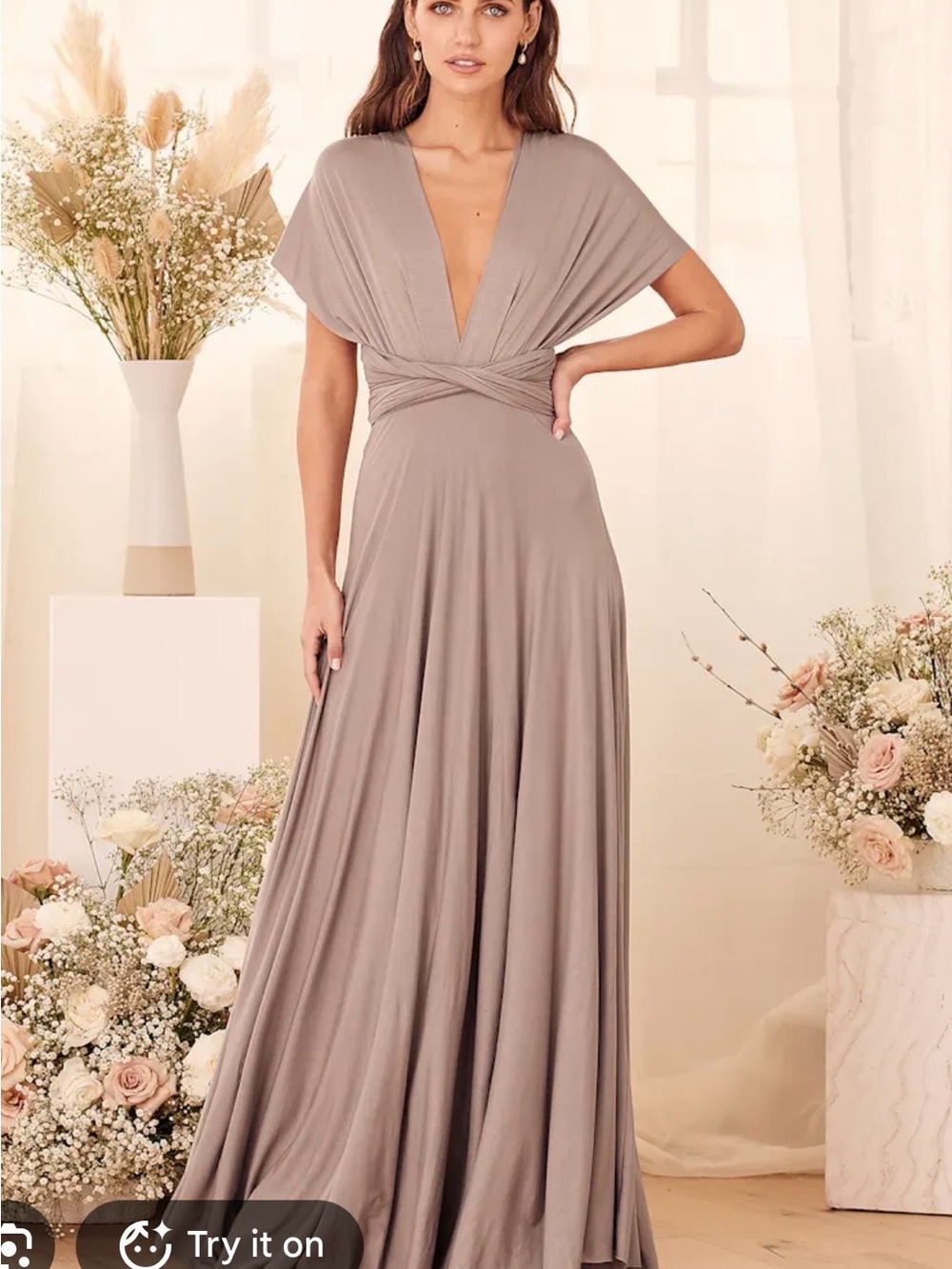 Lulu's Taupe V-Neck Maxi Wrap Dress